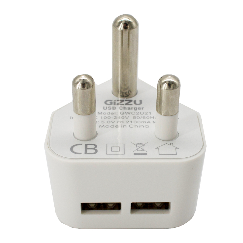 GIZZU 2X USB 3-Prong Wall Charger – White
