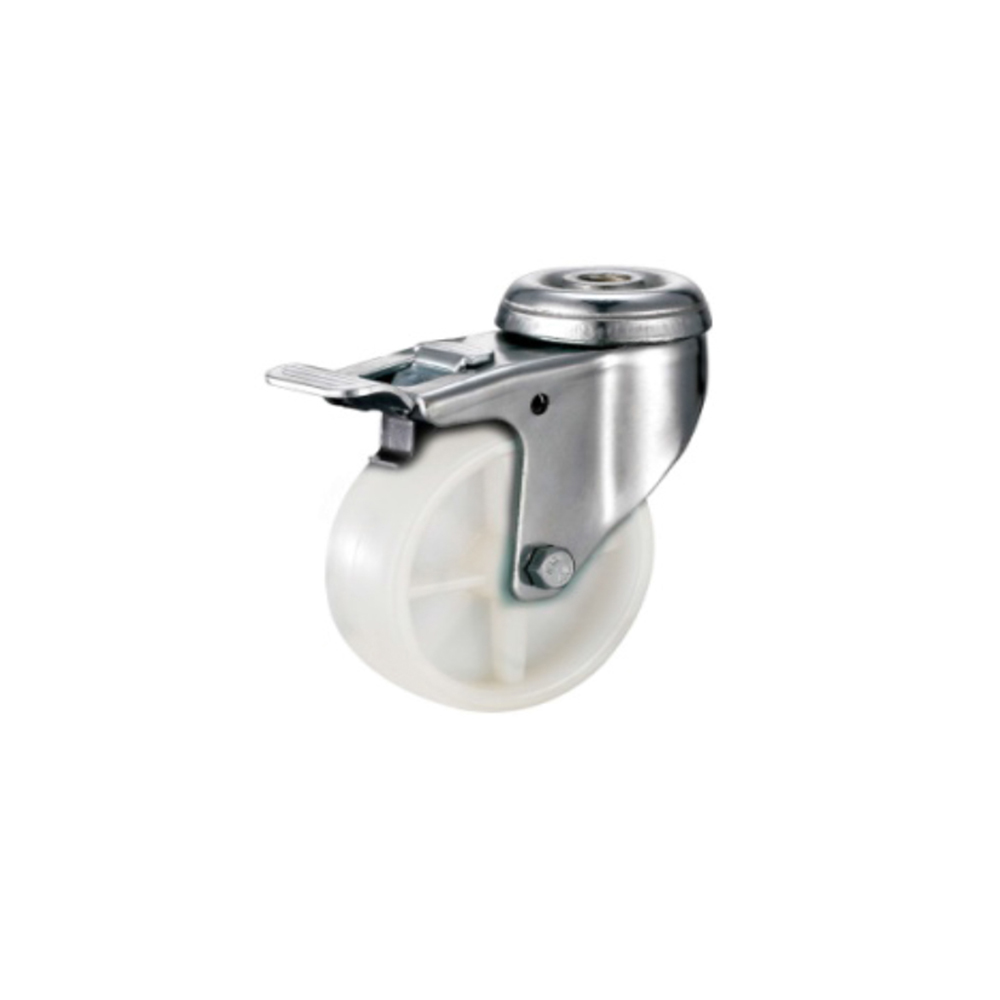 Tradequip – White Nylon Castor – Bolt Hole Swivel with Brake 125mm
