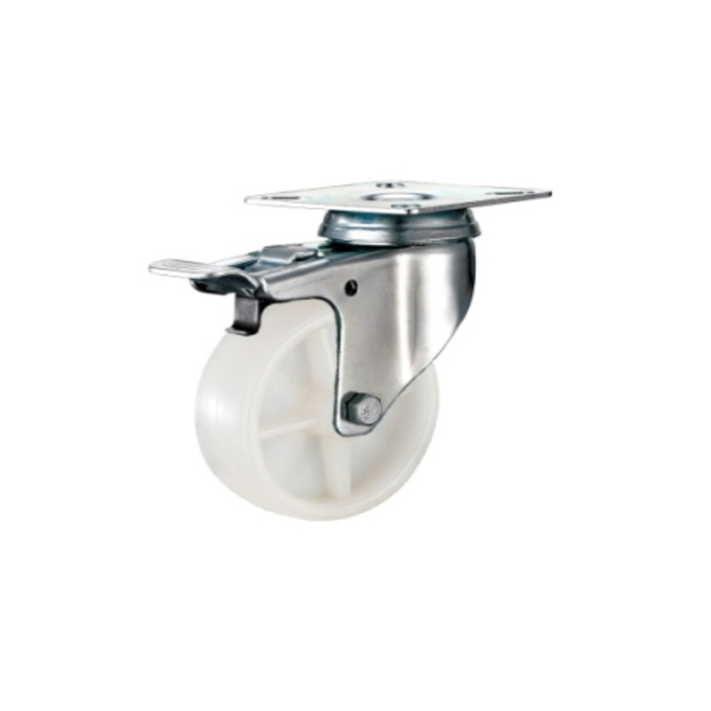 Tradequip – White Polypropylene Castor Top Plate Swivel with Brake 100mm
