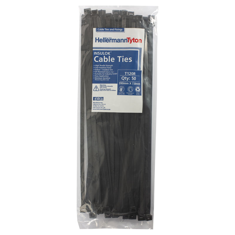 HellermannTyton 50 x Nylon Cable Ties 390mm x 7.8mm – Black