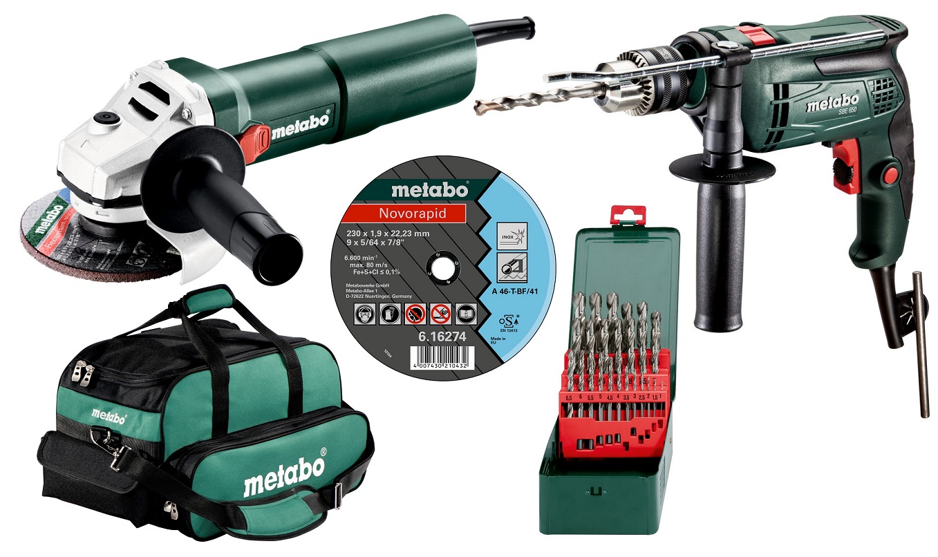 Metabo – Impact Drill, Angle Grinder, Drill Bit Set, Grinding Disks and Bag