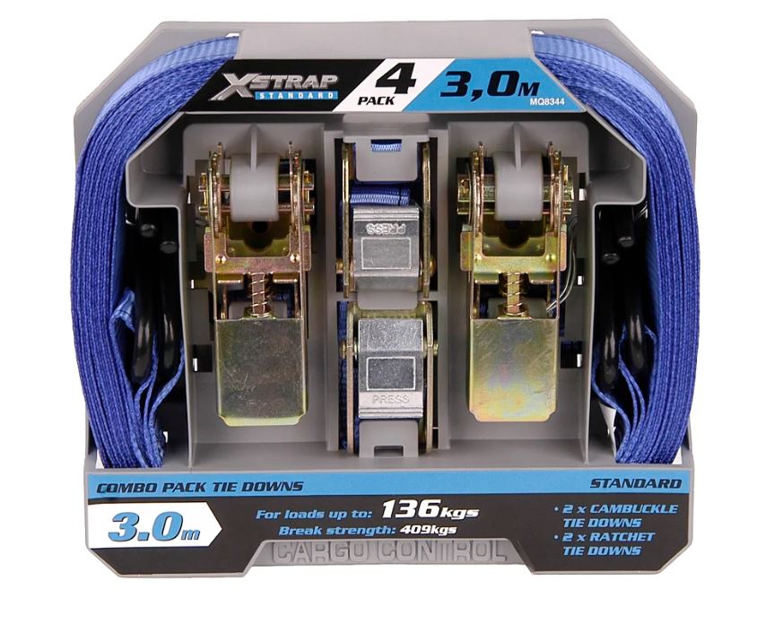 X-Strap 2 Cam Buckles/ 2 Ratchet Tie Downs 3,0m – 136kg b/str 409KG