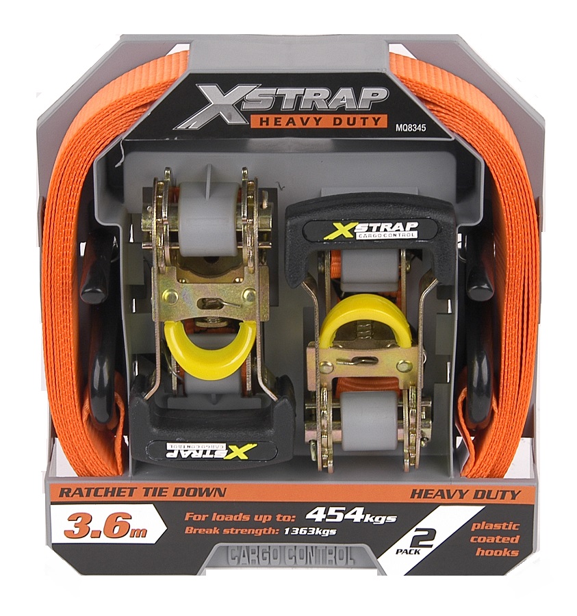 X- Strap Heavy Duty Ratchet Tie Downs – 3.6m -2 Pack