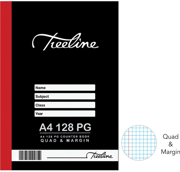 Treeline Hard Cover Counter Books A4 128 pg – Quad & Margin (Pack of 10)