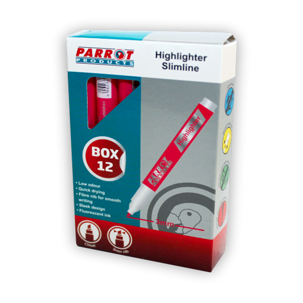 Parrot Slimline Marker Highlighters (Box of 12 – Pink)