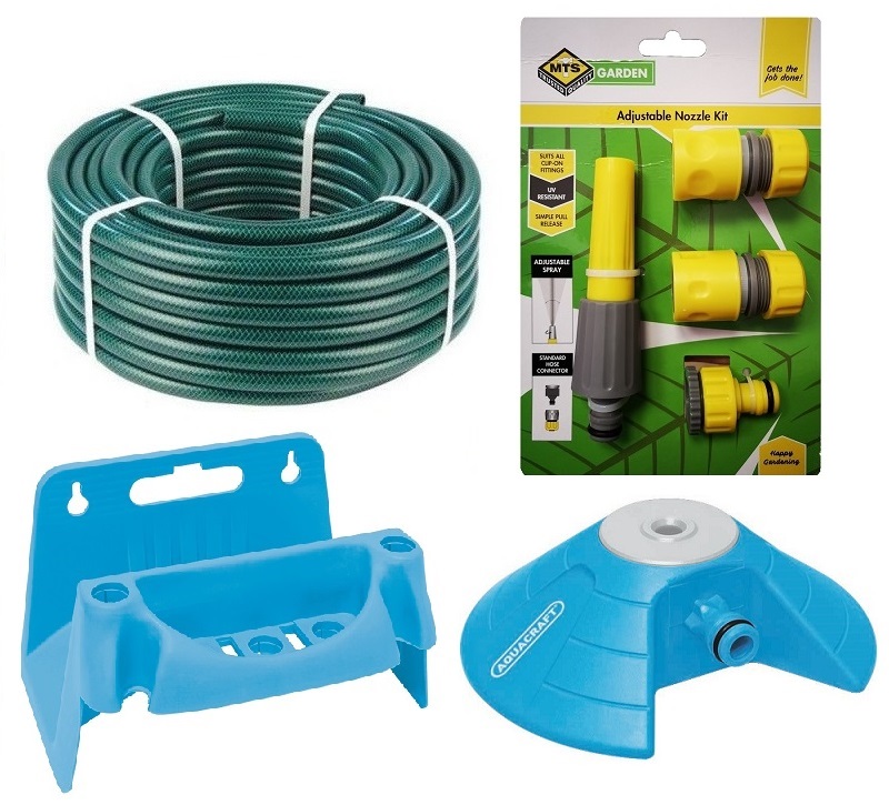 Hose Pipe Set (30m) with Fittings, Pyramid Sprinkler and Hose Reel Hanger