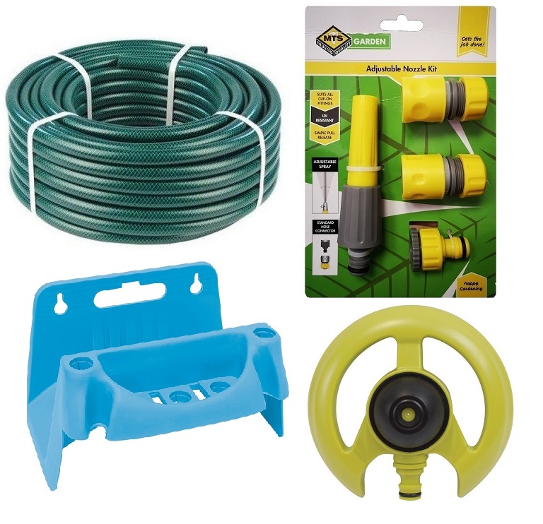 Hose Pipe Set (30m) with Fittings, Pyramid Sprinkler and Hose Reel Hanger