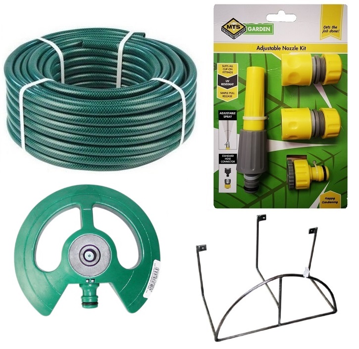 Hose Pipe Set (30m) with Fittings, Pyramid Sprinkler & Steel Hose Bracket