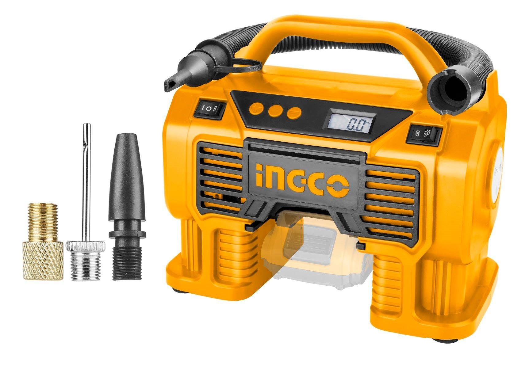 INGCO – Auto Air Compressor with Adaptors (Lithium-Ion – P20S Range)-20V