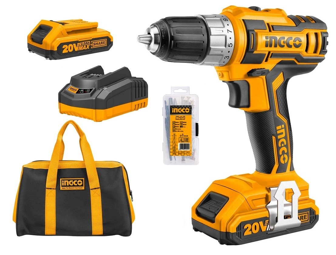 Ingco – Cordless Drill, 2 x 2Ah Batteries, Charger, Bag & Accessory Set