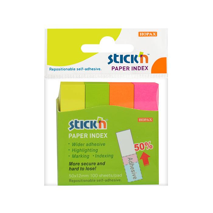 Stick`n Neon Paper Index Tabs 50x12mm – 100 per pad, 4 pads – Box of 12