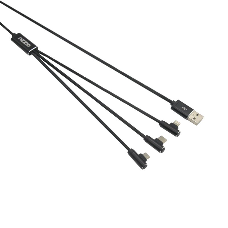 Gizzu 3in1 Elbow USB to Micro USB/Type-C/Lightning 1.2m Cable – Black