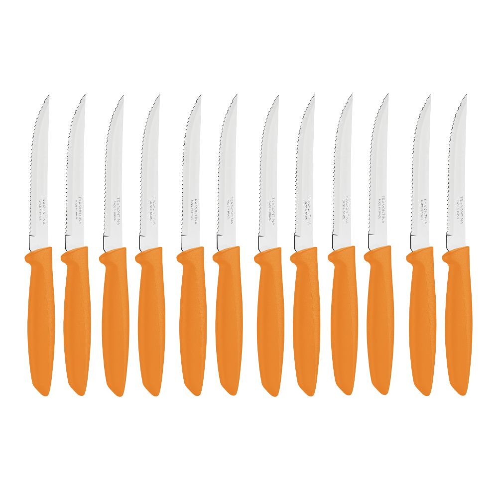 Tramontina 13cm Serrated Steak Knife (x12), Plenus Range, Dishwasher Safe – Orange