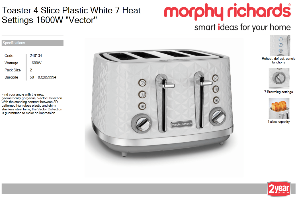 Morphy Richards Toaster 4 Slice Plastic White 7 Heat Settings 1600W “Vector”