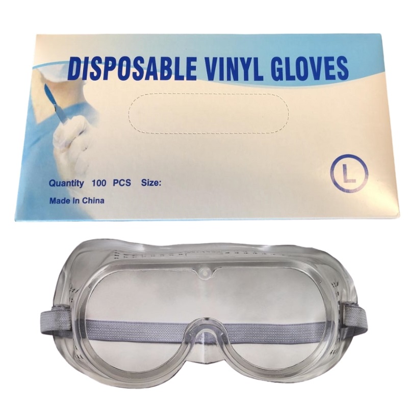Disposable Vinyl Gloves (100 gloves) and Safety Goggles