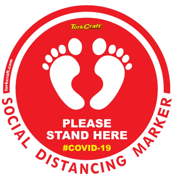 Covid 19 – 400mm Round Social Distancing Graphic – Tork Craft Red Feet Here Please