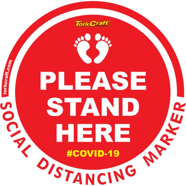 Covid 19 – 400mm Round Social Distancing Graphic – Tork Craft Red Small Feet Here Please
