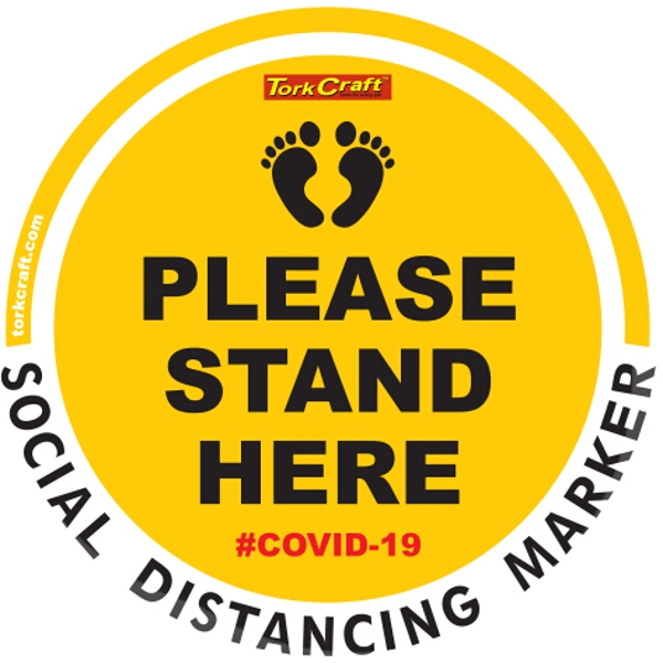 Covid 19 – 400mm Round Social Distancing Graphic – Tork Craft Yellow Small Feet Here Please