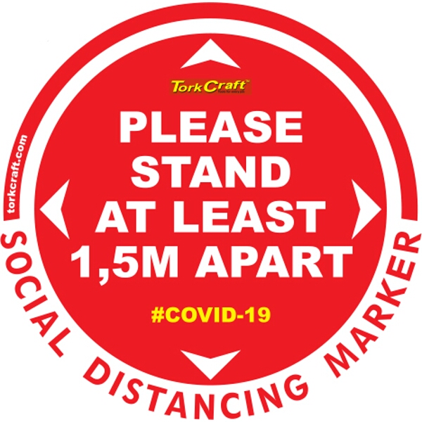 Covid 19 – 400mm Round Social Distancing Graphic – Tork Craft Red 1.5 Mtr Apart Please