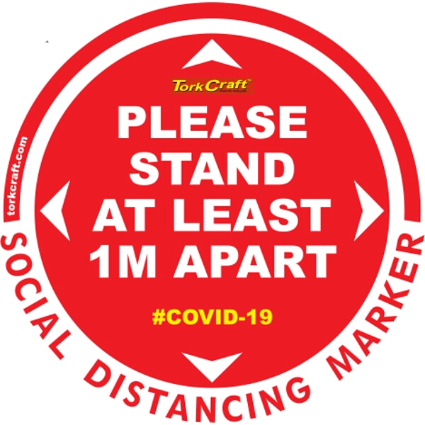 Covid 19 – 400mm Round Social Distancing Graphic – Tork Craft Red 1.0 Mtr Apart Please