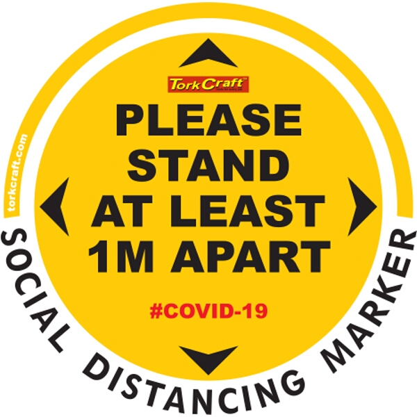 Covid 19 – 300mm Round Social Distancing Graphic – Tork Craft Yellow 1.0 Mtr Apart