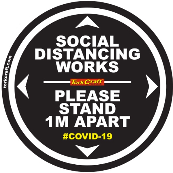 Covid 19 – 400mm Round Social Distancing Graphic – Tork Craft Double Black 1.0 Mtr Apart Please