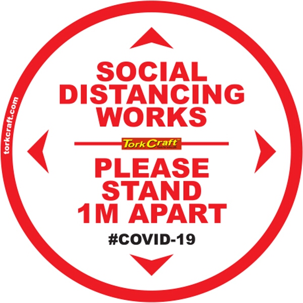 Covid 19 – 400mm Round Social Distancing Graphic – Tork Craft Double White 1.0 Mtr Apart Please