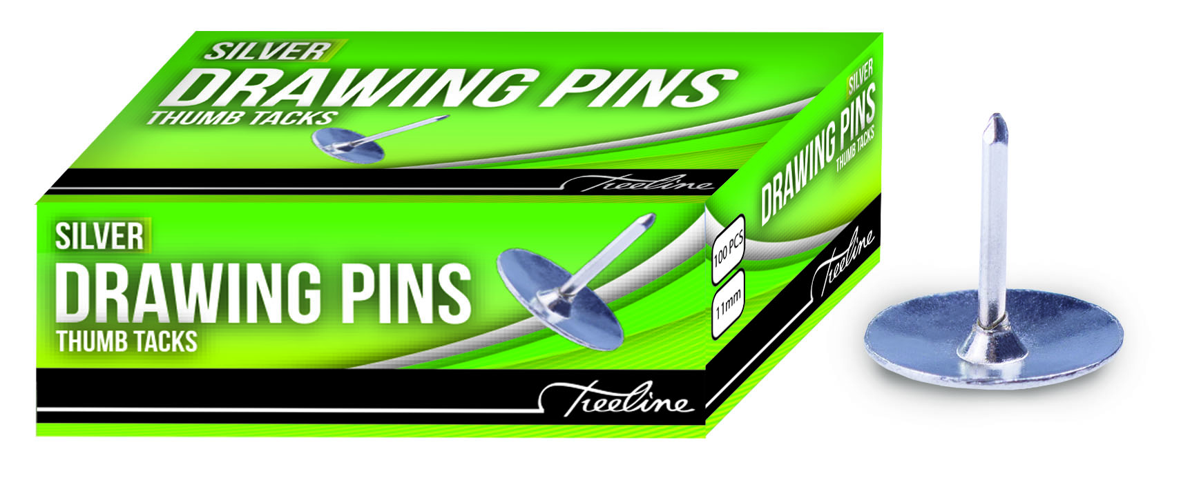 Treeline Drawing Pins Silver 11mm 100’s – Box of 10