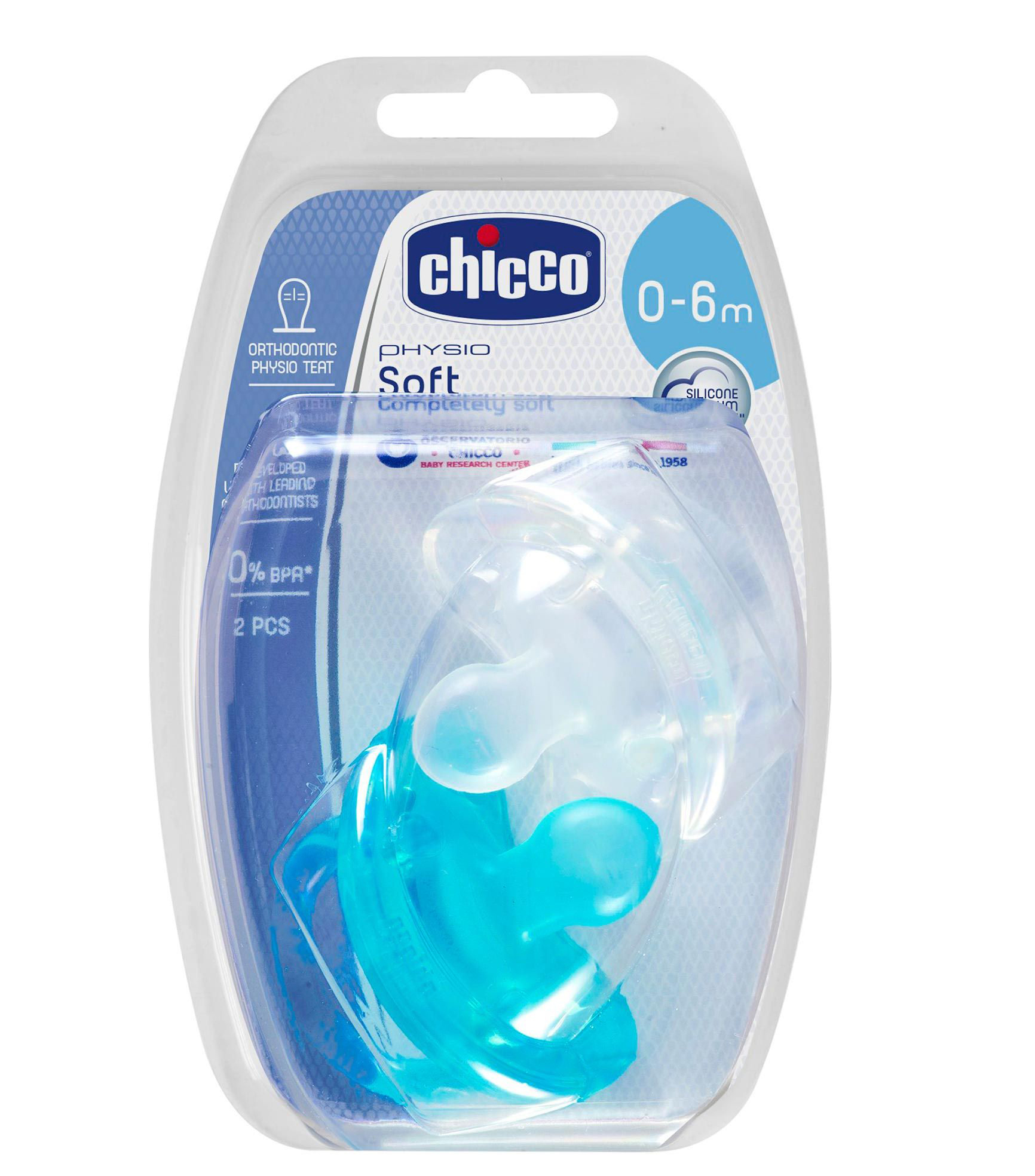 Chicco Soother Physio Soft Boy Silicone: 0-6Months (2Pc )Blue & Clear