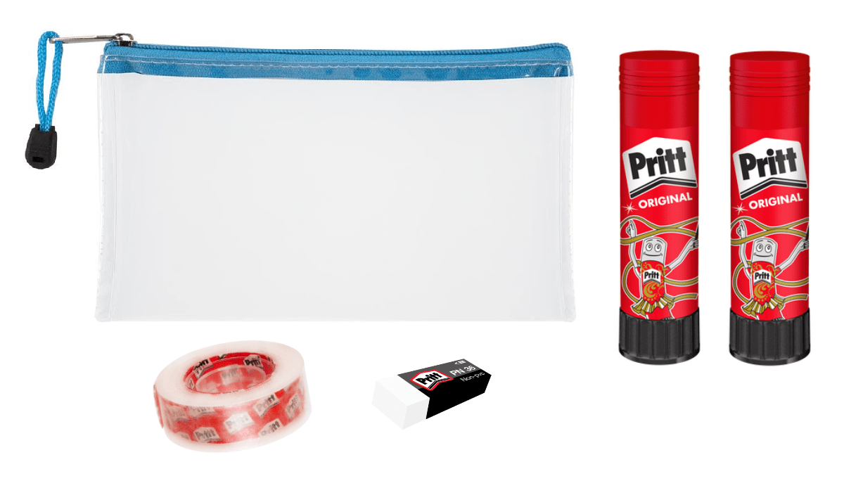 Pritt Stick 43g Glue Stick Pack of 2 + Free Pencil Bag, Eraser & Tape