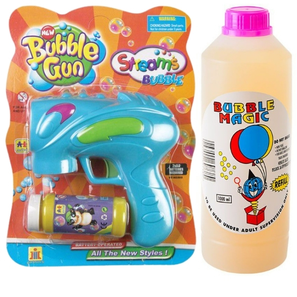 Blue Bubble Blowing Gun & Bubble Liquid Refill Container (1L) Combo