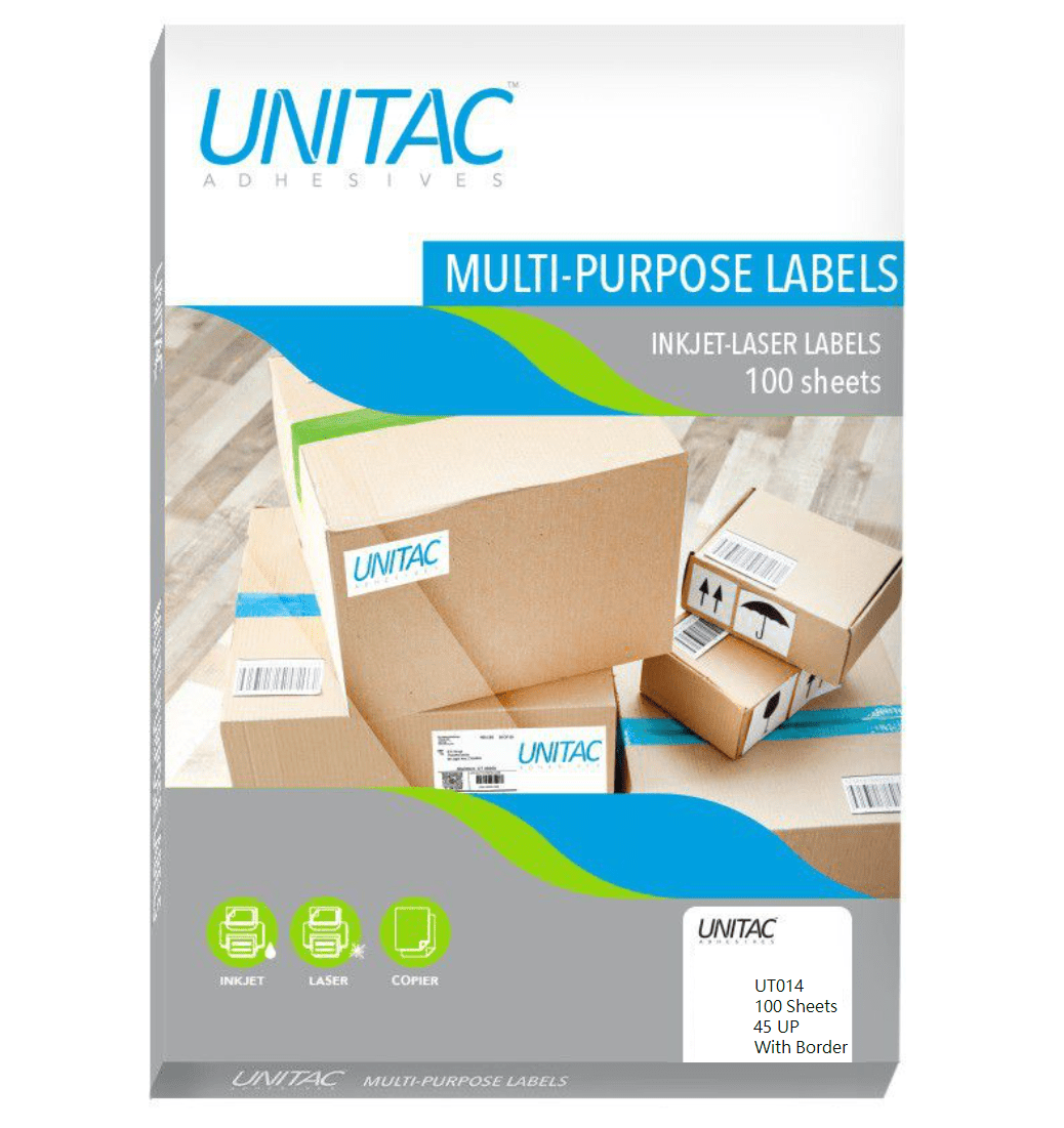 Unitac 45UP Laser Inkjet White Barcode & Mailing Labels 45 UP – 100 Sheets