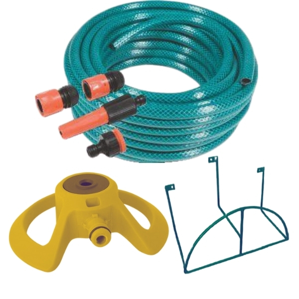 MTS-Hose Pipe With Fittings (20mmx20m), Sprinkler & Metal Hose Hanger Combo