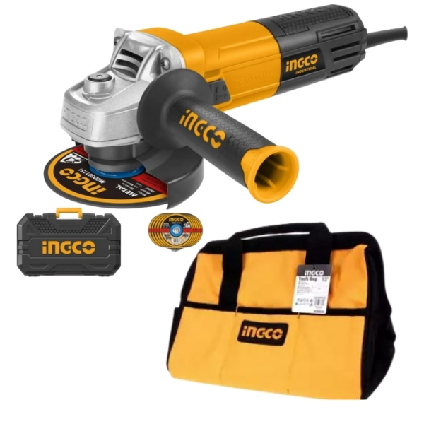 Ingco Angle Grinder, 10Pcs Metal Cutting Discs & 13 Inch Tool Bag Combo
