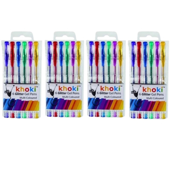 Khoki – Bulk Pack Of 4 Novelty Gel Glitter Pens -Assorted Colours (24Pcs)