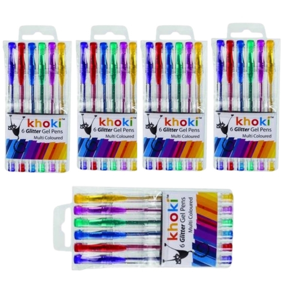 Khoki – Bulk Pack Of 5 Novelty Gel Glitter Pens -Assorted Colours (30Pcs)