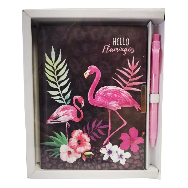 Notebook / Diary with Lock and Pen (13.5cm x 18cm) – Flamingo