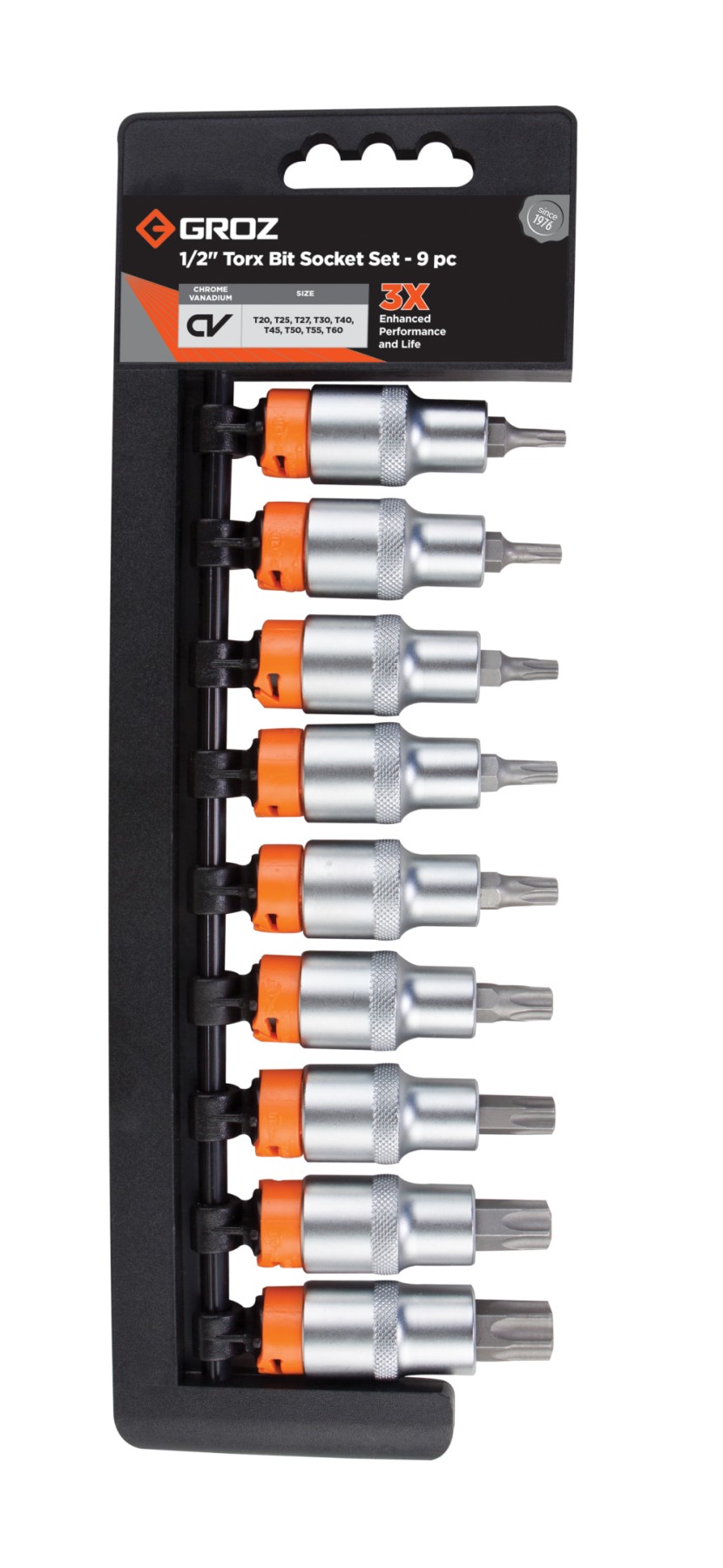 Groz 9 Piece Torx Bit Socket Set- 1/2 Inch Dr.