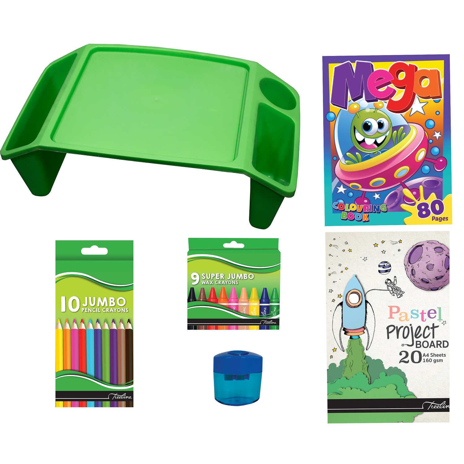 Kids Green Lap Tray Portable Desk Craft Bundle Activity Colouring Kit