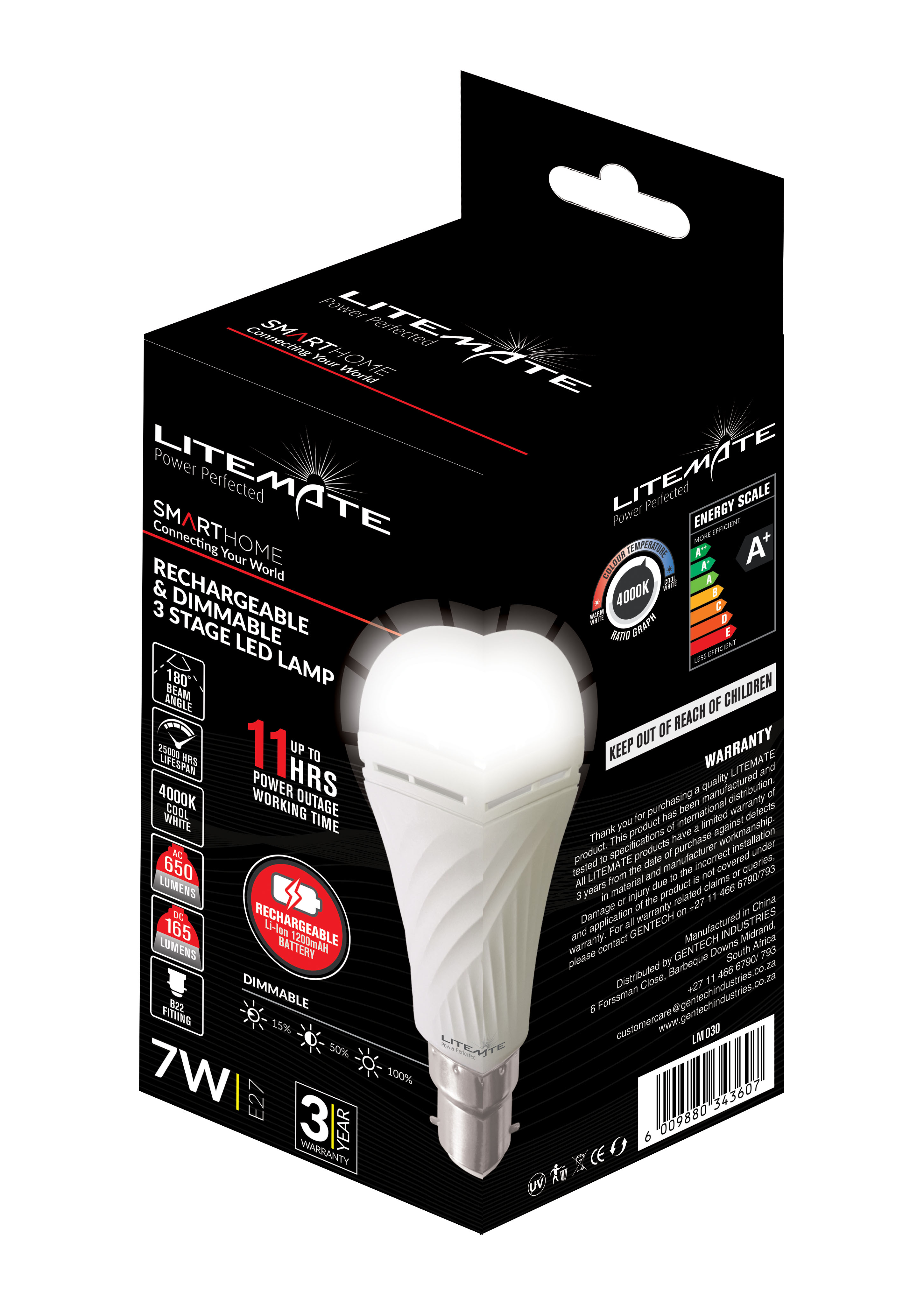 Litemate Loadshedding Rechargeable & Dimmable 7W LED A60 Bayonette