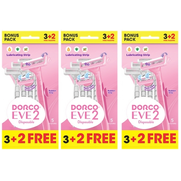 Dorco – Eve 2  Razors – Disposable (Bulk Pack of 3 – Totaling 15 Pieces)