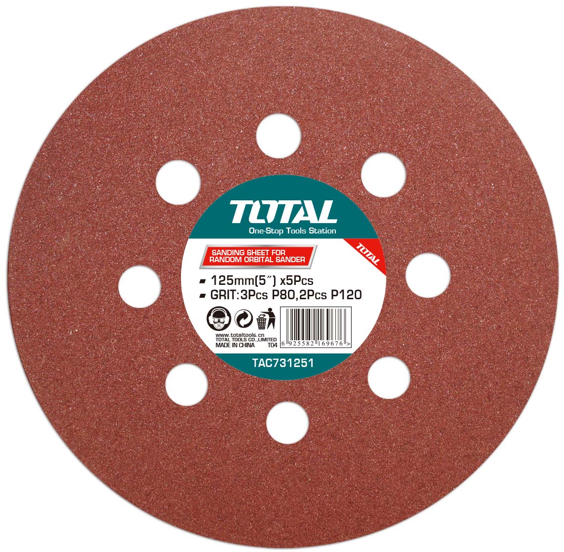 Total Tools 125mm Random Orbit Sander Sheet (3Pcs P80, 2Pcs P120) (5 Sets)