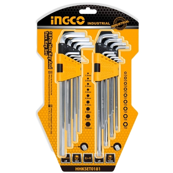 Ingco – Hex Key And Torx Key Set – Extra Long Arm (18 Piece Set)