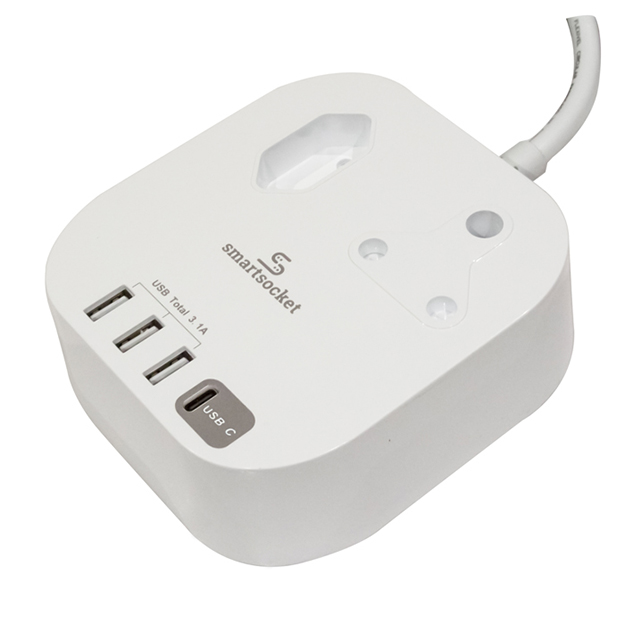 Smartsocket Compact USB Power Charging Hub With 3 Pin Socket – White