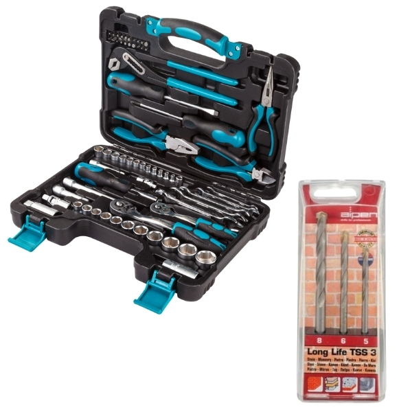 Bort – DIY Hand Tool Set (66 Piece) & Alpen Masonry Drill Bits (3 Piece)