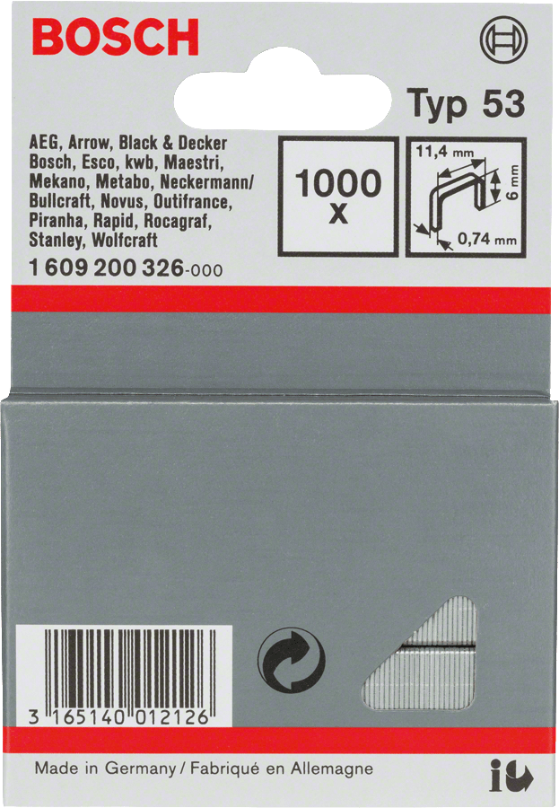 Staple, Type 53 11,4 X 0,74 X 6 mm, 1000 Piece
