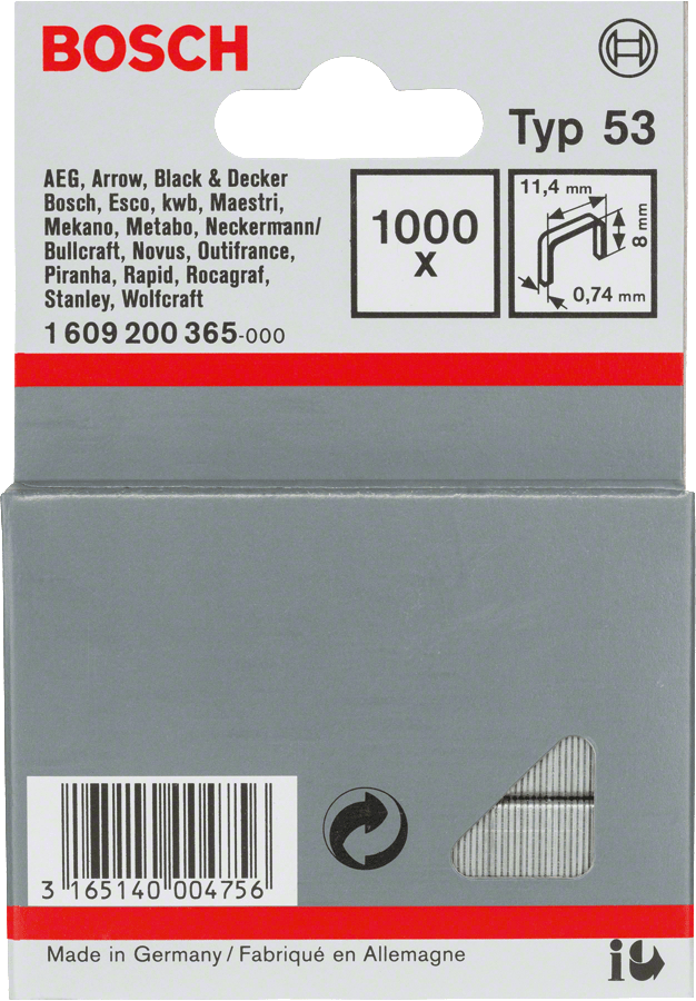 Staple, Type 53 11,4 X 0,74 X 8 mm, 1000 Piece