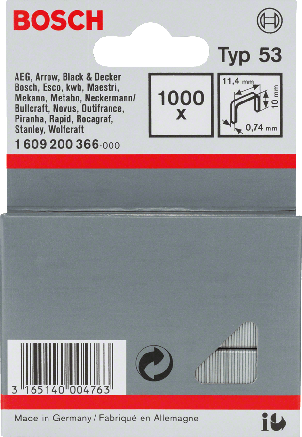 Staple, Type 53 11,4 X 0,74 X 10 mm, 1000 Piece
