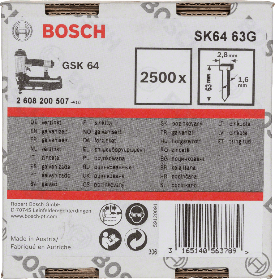 Nails For GSK64 63G 1,6 mm, 63 mm, Galvanised, 2500 Piece