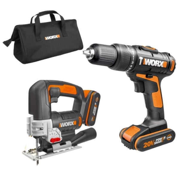 Worx – Cordless Hammer Drill, Jigsaw, 2 x 2.0A battery & STD Charger  – 20V